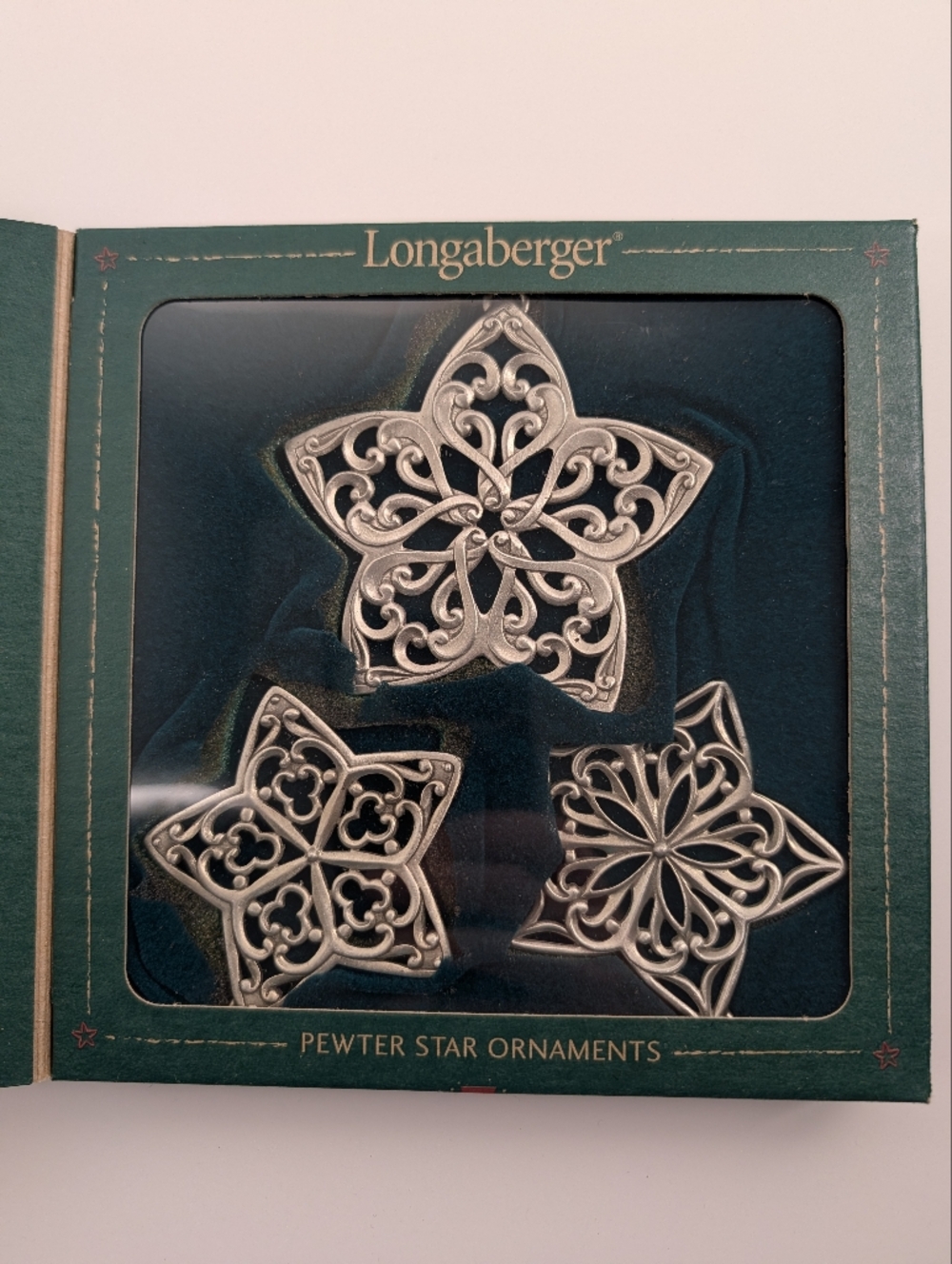 Longaberger Star Bright 2001 Pewter Star Ornament Trio, Vintage Lace Design